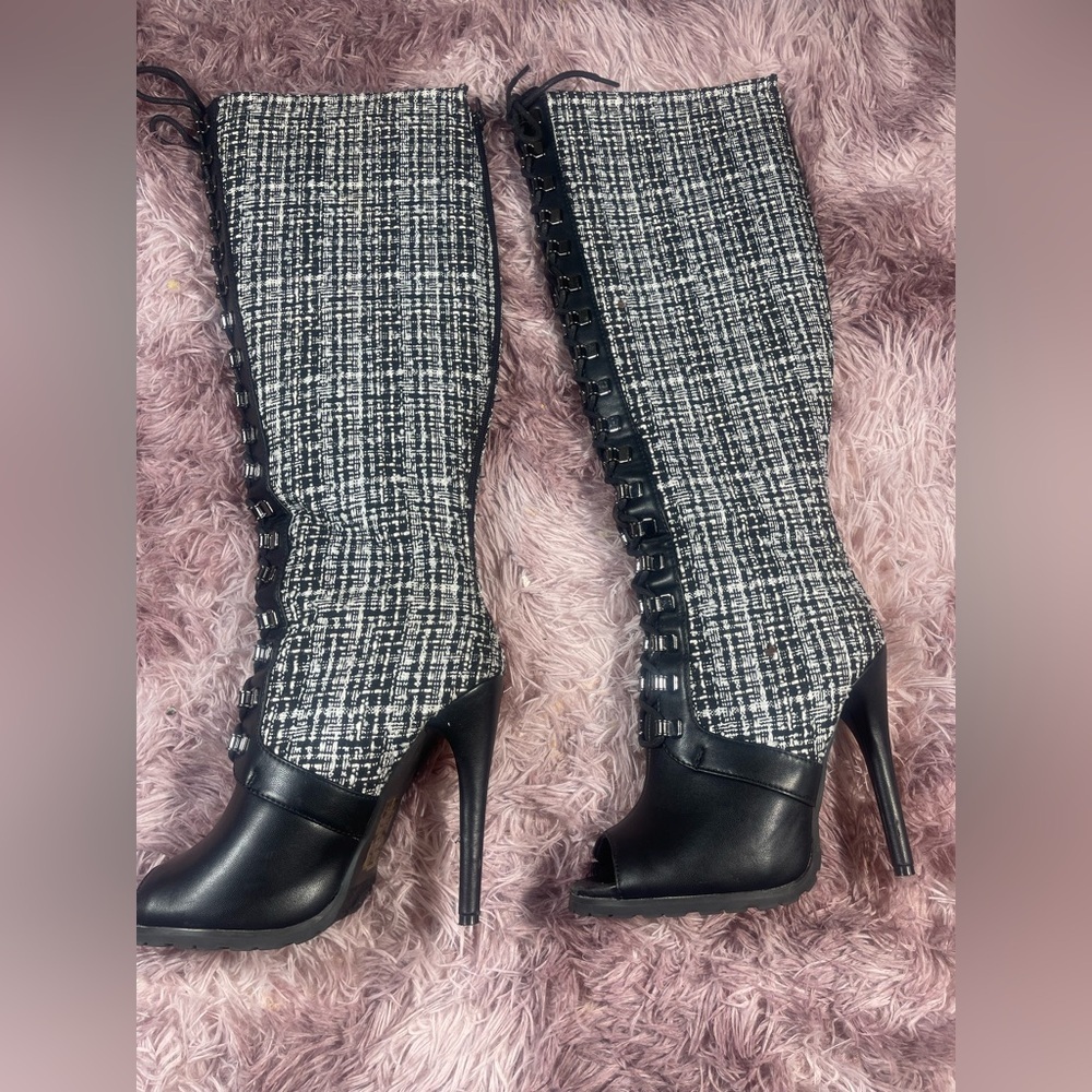 Black and white tweed knee high peep toe boots 7.5